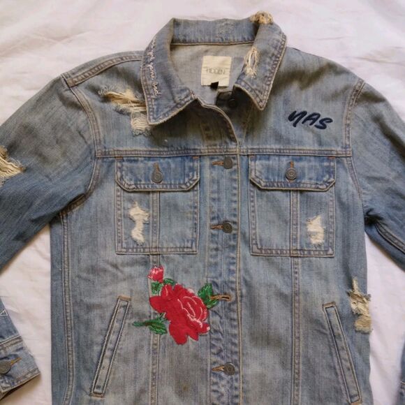 Hidden Embroidered Distressed Denim Jean Jacket Grunge Y2K Women's Size XS - Picture 5 of 16